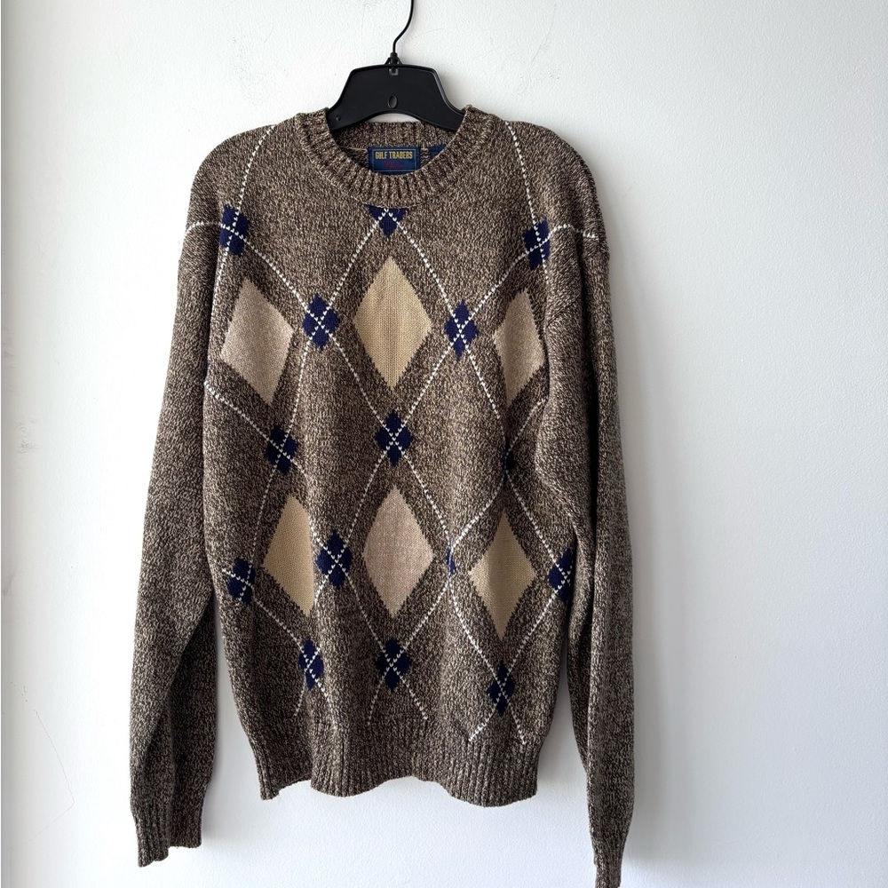 VTG Gulf Traders Sweater Brown Argyle Cotton Mens M Grandpa Preppy Professor